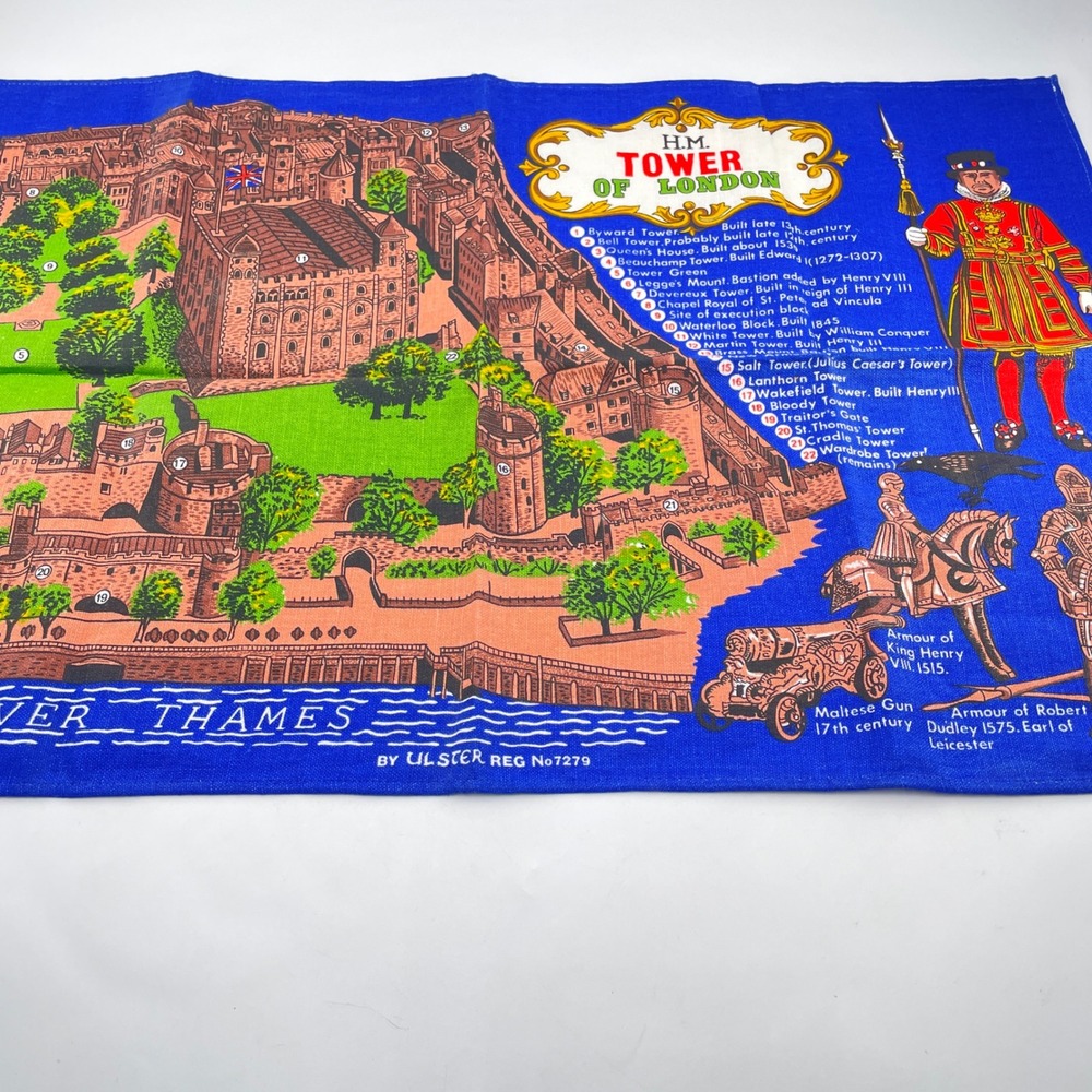 Ulster Tower of London Tea Towel Blue Vintage Irish Linen Map Landmarks Souvenir